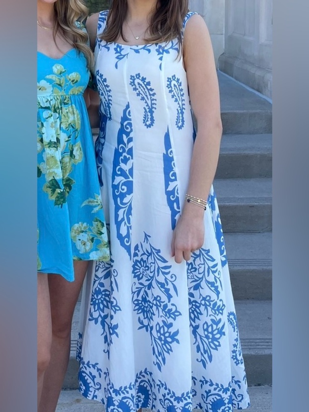 THML White Maxi Dress with Blue Floral Print